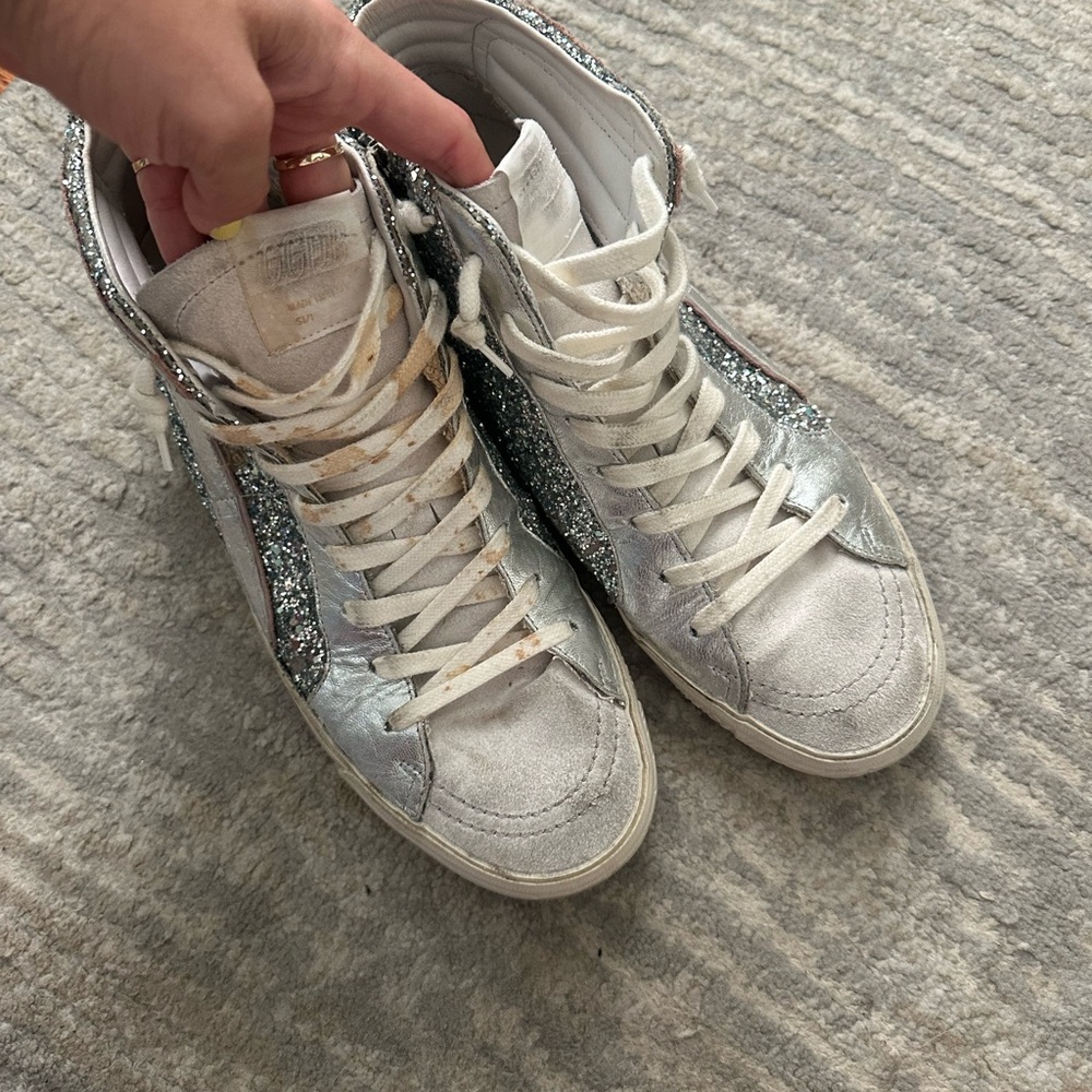 GOLDEN GOOSE 41 SILVER GLITTER HIGH TOP SNEAKERS WORN - Picture 3 of 7